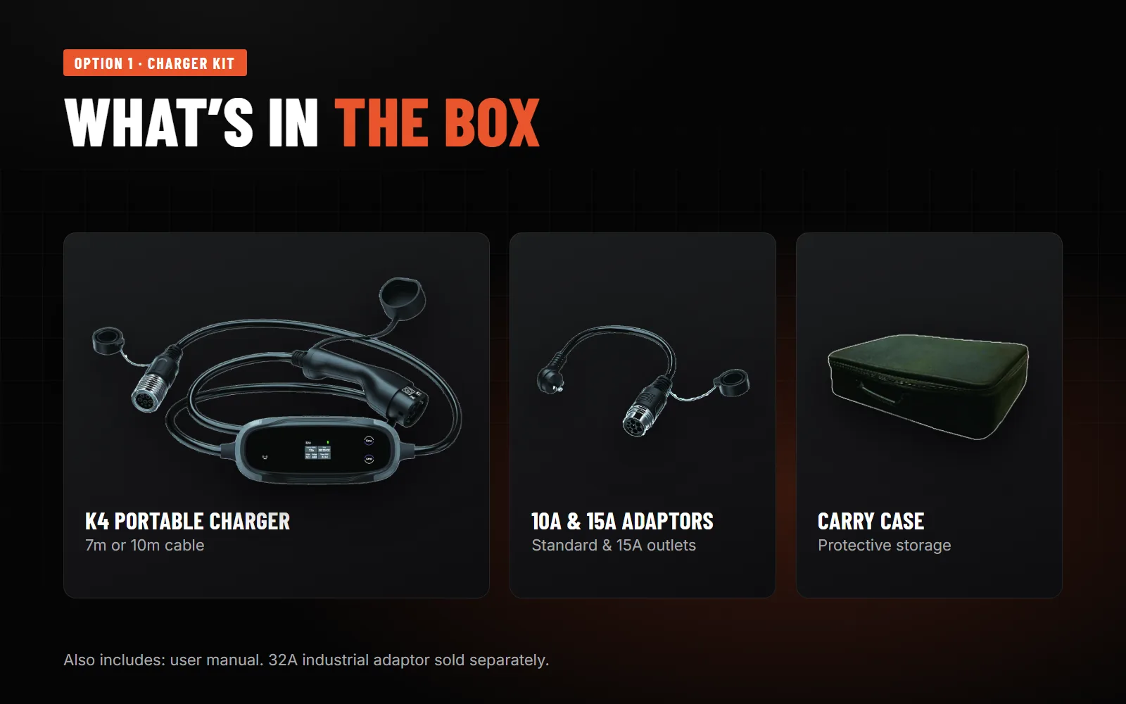 K4 kit contents: charger, 10A and 15A adaptors, carry bag and user manual
